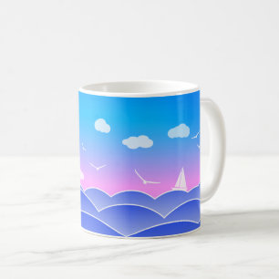 Blue Ocean Waves, Segelboot, Seagulls, Seascape Kaffeetasse