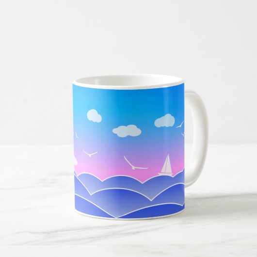 Blue Ocean Waves, Segelboot, Seagulls, Seascape Kaffeetasse (VorderseiteRechts)