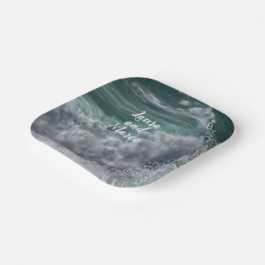 Blue ocean with drawn hearts pappteller (Gewinkelt)