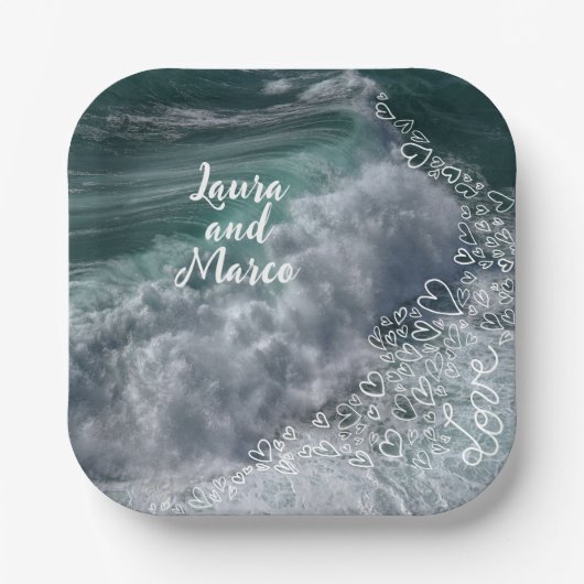 Blue ocean with drawn hearts pappteller (Vorderseite)