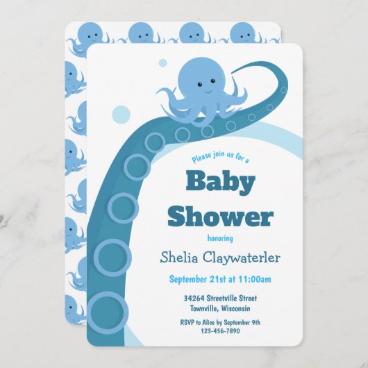 Blue Octopus Baby Shower Einladung (Vorne/Hinten)