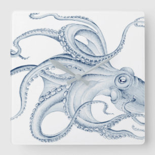 Blue Octopus Cephalopod Kraken Ink Quadratische Wanduhr