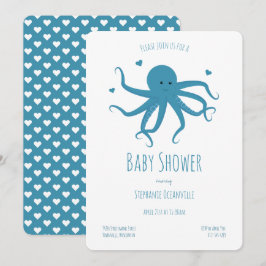 Blue Octopus Hearts Cartoon Baby Dusche Einladung