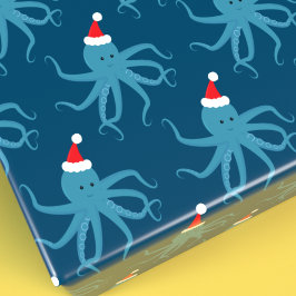 Blue Octopus in Santa Hat Christmas Holiday Geschenkpapier