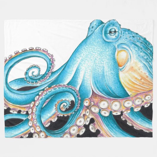 Blue Octopus On White Ink Fleecedecke (Vorderseite (Horizontal))