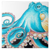 Blue Octopus On White Ink Fliese (Vorderseite)