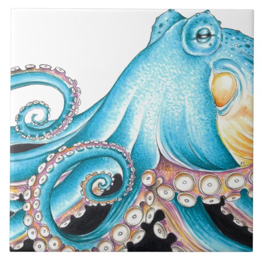 Blue Octopus On White Ink Fliese (Vorderseite)