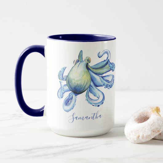 Blue Octopus Personalisiert Beach Thema Kaffeezube Tasse (Mit Donut)