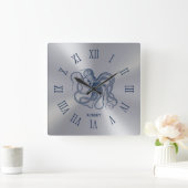Blue Octopus Roman Numerals On Dark Silver Quadratische Wanduhr (Zuhause)