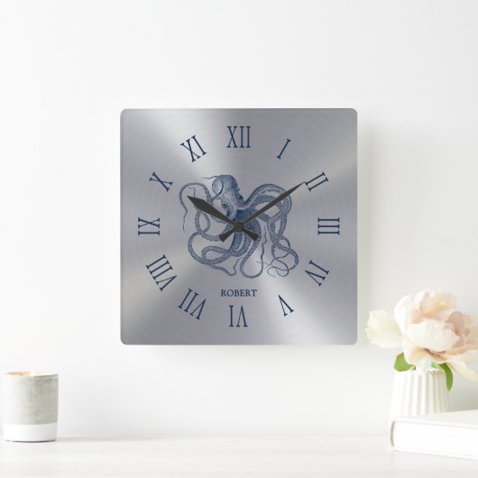 Blue Octopus Roman Numerals On Dark Silver Quadratische Wanduhr (Zuhause)