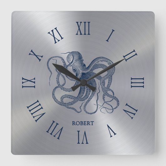 Blue Octopus Roman Numerals On Dark Silver Quadratische Wanduhr (Vorderseite)