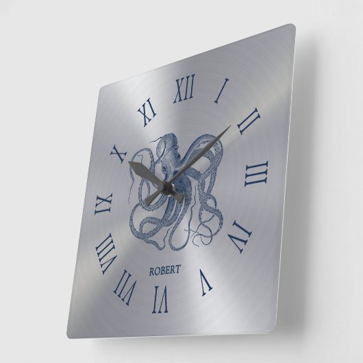 Blue Octopus Roman Numerals On Dark Silver Quadratische Wanduhr (Winkel)