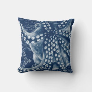 Blue Octopus Vintag Map Chic Kissen