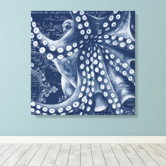Blue Octopus Vintag Map Chic Leinwanddruck (Insitu (Holzboden))