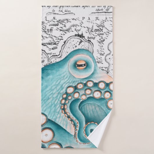 Blue Octopus Vintage Map Nautical Art Badhandtuch Set (Badehandtuch)