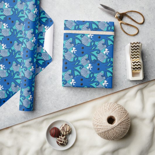 Blue Octopus with Bow Wrapping Paper Geschenkpapier (Kunsthandwerk)
