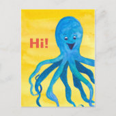 Blue Octopus Yellow Hello Postkarte (Vorderseite)