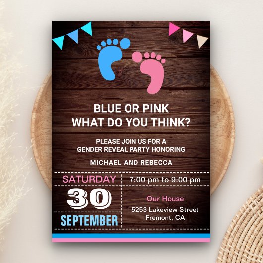 Blue oder Pink Baby Footprints Gender Reveal Party Einladung