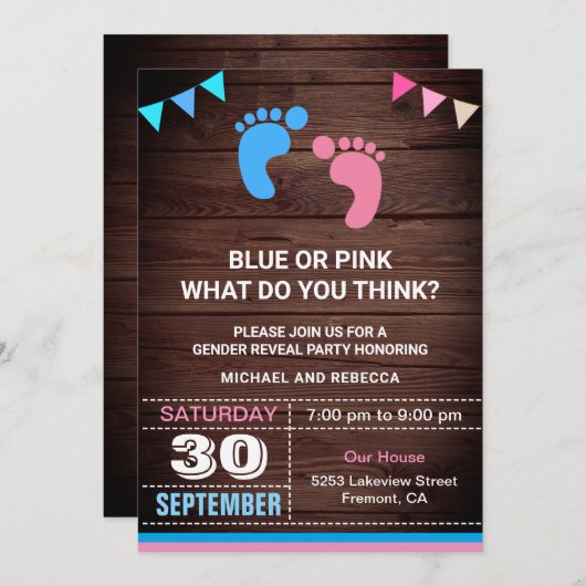 Blue oder Pink Baby Footprints Gender Reveal Party Einladung (Vorne/Hinten)