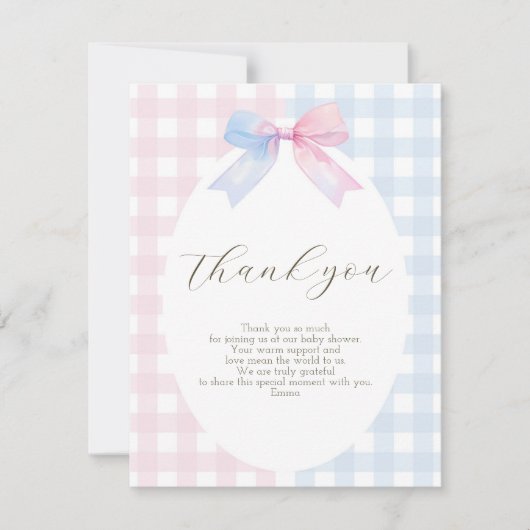 Blue oder Pink Gingham Bow Danke-Card Dankeskarte (Vorderseite)