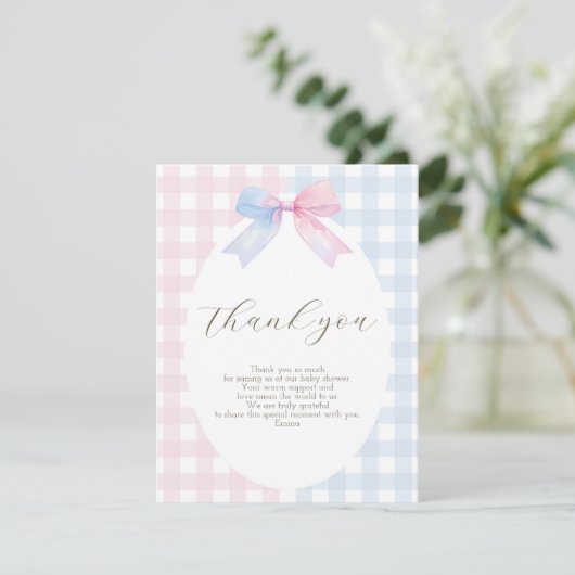 Blue oder Pink Gingham Bow Danke-Card Dankeskarte (Stehend Vorderseite)