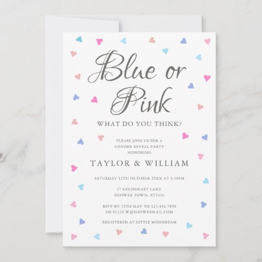 Blue oder Pink Hearts Geschlecht Enthüllungsfeier Einladung (Vorderseite)