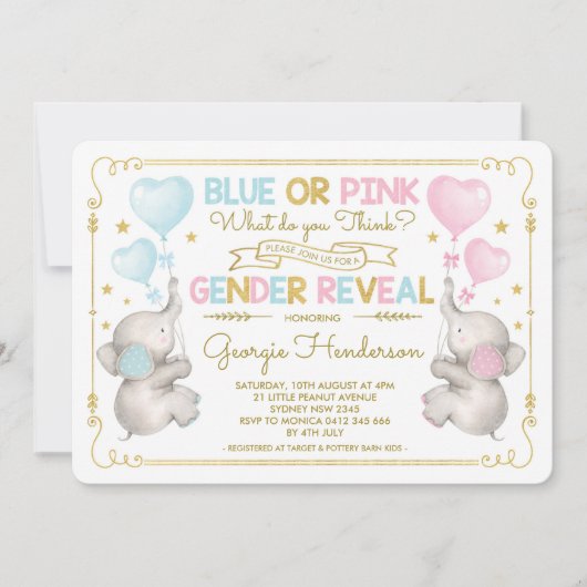 Blue oder Pink Twins Elephant Gender Reveal Baby Einladung (Vorderseite)