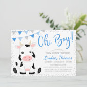 Blue Oh Boy Cow Baby Dusche Einladung (Stehend Vorderseite)
