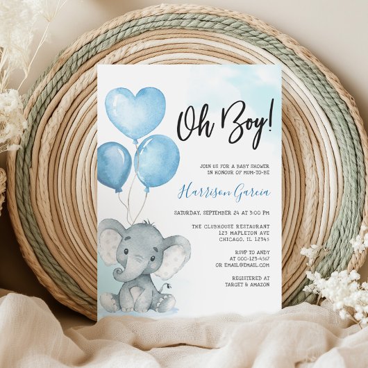 Blue Oh Boy Elephant Watercolor Babydusche Einladung