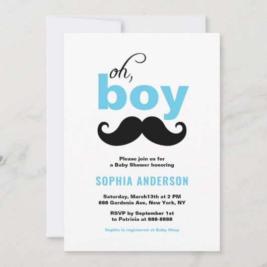Blue Oh, es ist eine Boy Mustache Baby Shower Einl Einladung (Vorderseite)