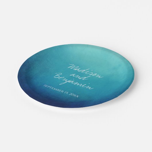 Blue Ombre Personalisiert Hochzeitstorte Teller (Schrägansicht)