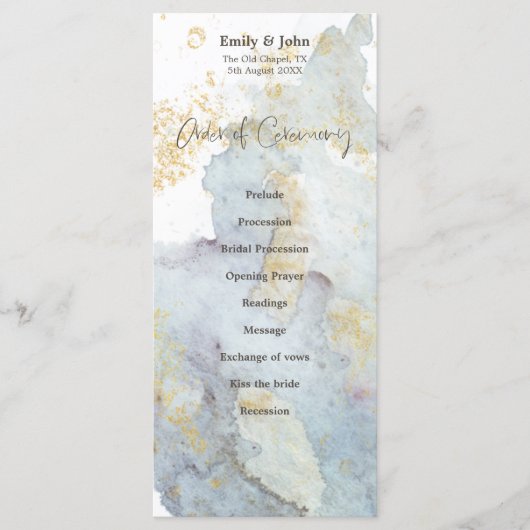 Blue Ombre Watercolor Gold Brown Script Wedding Programm (Vorderseite)