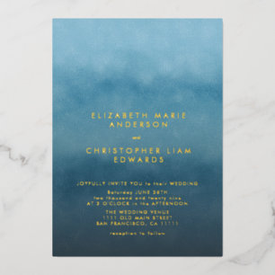 Blue Ombre Watercolor Minimalistisch Wedding Gold Folieneinladung