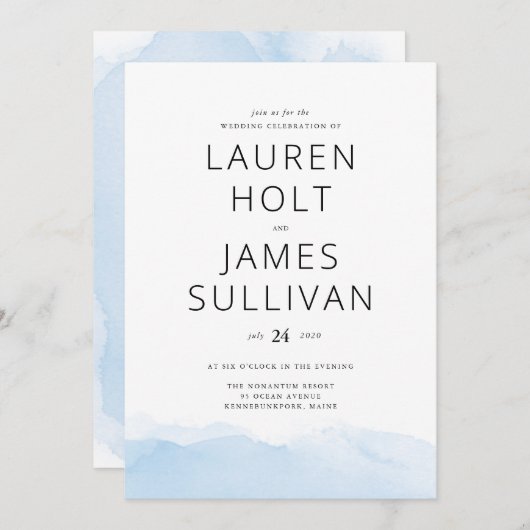 Blue Ombre Watercolor Wedding Einladung (Vorne/Hinten)