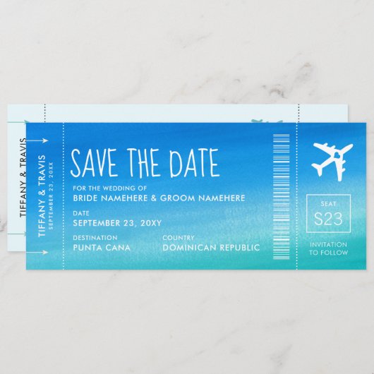 Blue Ombre Wedding Boarding Pass Save the Date Ankündigung (Vorne/Hinten)