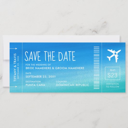 Blue Ombre Wedding Boarding Pass Save the Date Ankündigung (Vorderseite)
