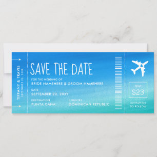 Blue Ombre Wedding Boarding Pass Save the Date Ankündigung
