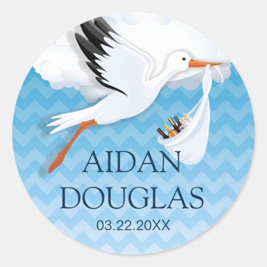 Blue Ombre Zickzack Baby Name Runder Aufkleber (Vorderseite)