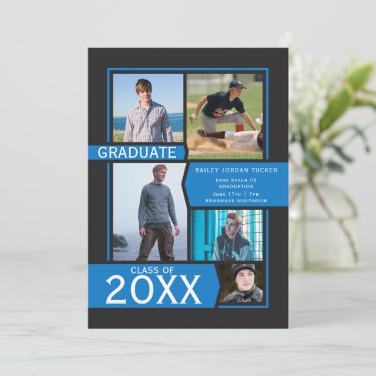 Blue on Black 5-Foto Collage Abschluss Ankündigung (Stehend Vorderseite)