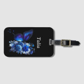 Blue on Black Floral Butterfly Personalisiert Gepäckanhänger (Vorderseite (Horizontal))