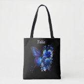 Blue on Black Floral Butterfly Personalisiert Tasche (Vorderseite)