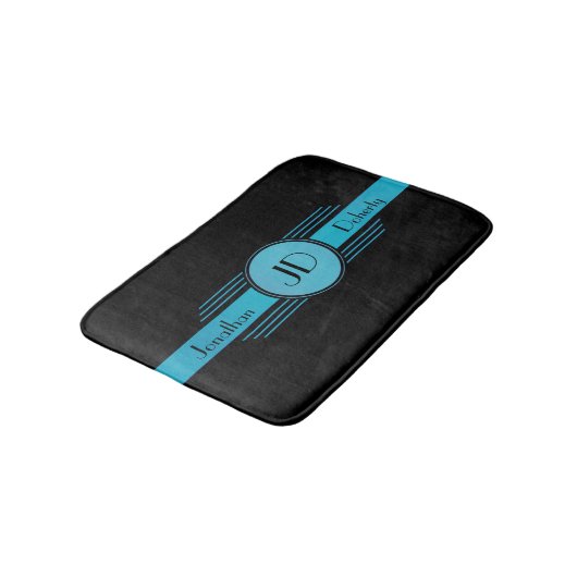 Blue on Black Monogram Art Deco Badematte (Schrägansicht)