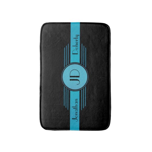 Blue on Black Monogram Art Deco Badematte (Vorderseite Vertikal)