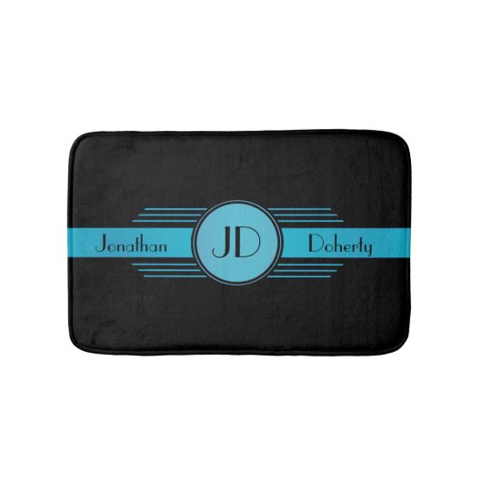 Blue on Black Monogram Art Deco Badematte (Vorderseite)