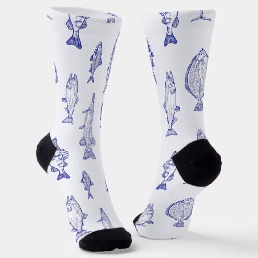 Blue on white fish pattern upstream  socken (Gewinkelt)