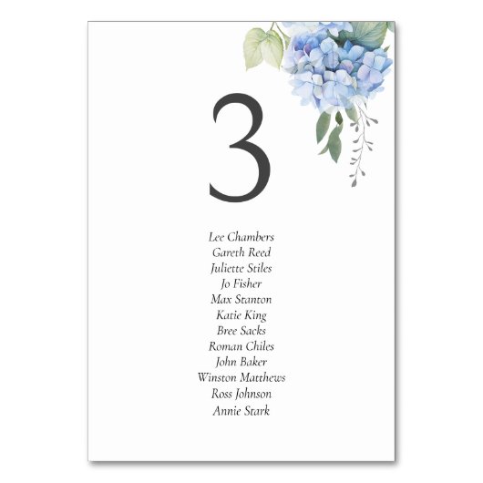 Blue on White Hydrangea Guestlist Tischnummer (Rückseite)