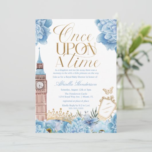 Blue Once upon Time Princess Baby Dusche Einladung (Stehend Vorderseite)