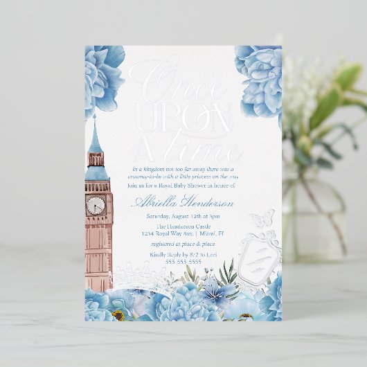 Blue Once upon Time Princess Baby Dusche Folieneinladung (Stehend vorne)