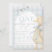Blue One Albern Goose Gingham 1. Geburtstag Einladung (Vorderseite)