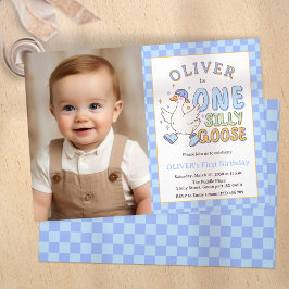 Blue One Silly Goose - Boy 1st Birthday Photo Einladung